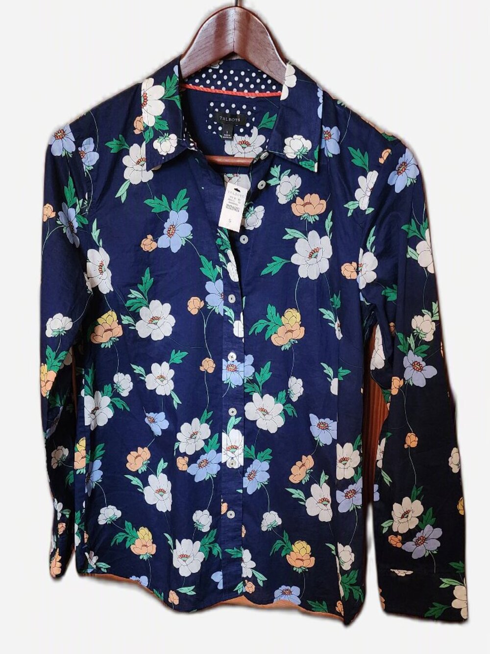 NWT Talbot's Cotton Voile Blouse Navy with Floral Pattern, Size S